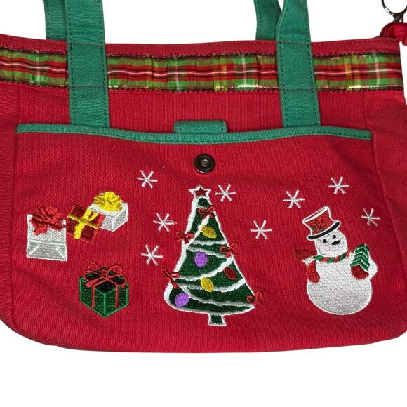 Red and Green Canvas Embroidered Christmas Handbag Purse Snowman Tree Presents - Picture 3 of 12